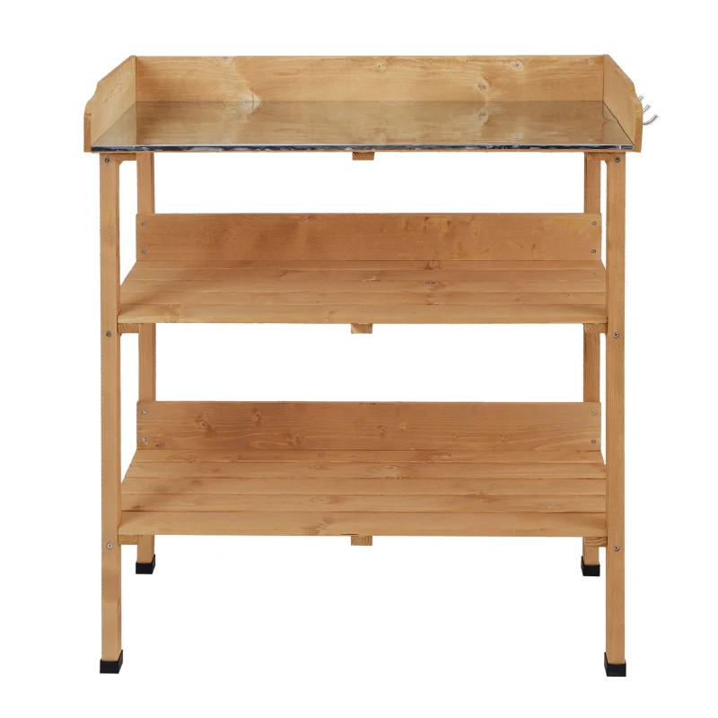 Outsunny Mesa de Jardinería de Madera con Superficie Metálica Estantes y Ganchos para Jardín Terraza 76x37x89 cm Natural