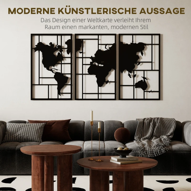 HOMCOM Wanddecoratie Metaal 3-delig Wanddecoratie Wereldkaart Wandkunst voor Woonkamer Slaapkamer Gang, 50 x 80 cm, Zwart