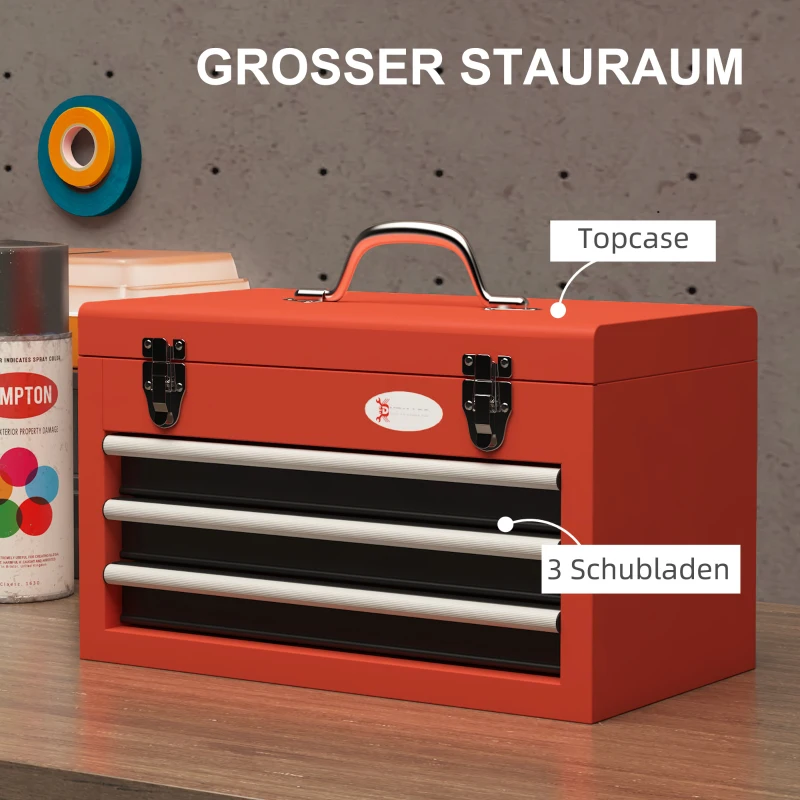 DURHAND Gereedschapskist met 3 laden, 1 vak, robuuste stalen sloten, 45 x 24 x 27 cm, Rood