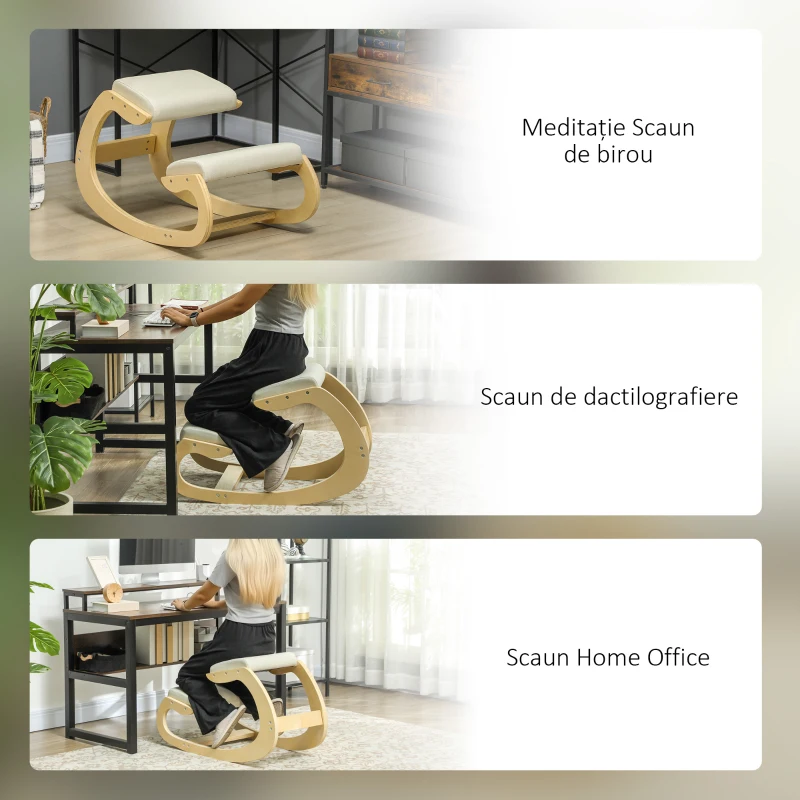 HOMCOM Scaun ergonomic tip genunchier cu mișcare de balansare, din material textil cu efect de in și lemn de mesteacăn, 55x85x55 cm, crem