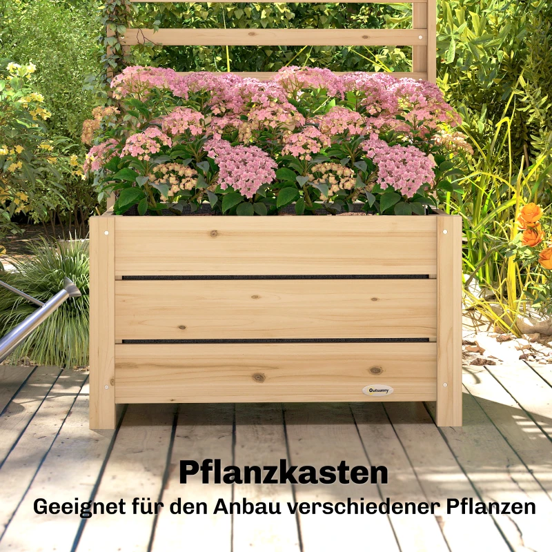 Outsunny Verhoogde plantenbak met spalier hout plantenbak met spalier afvoergat vliesvoering 60 x 39 x 200 cm natuurhout