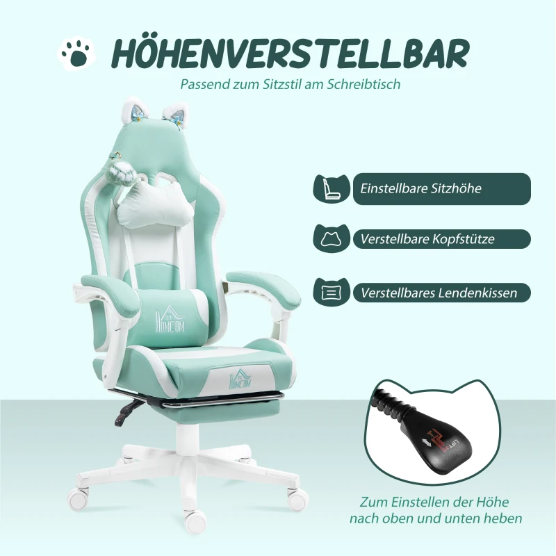 HOMCOM Gamingstoel met kattenoortjes, kantelbare rugleuning, uitschuifbare voetensteun, belastbaar tot 120 kg, zeeblauw(m-5)