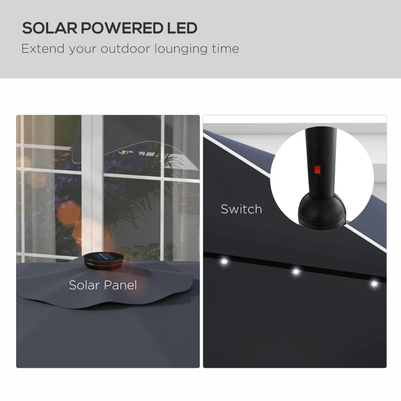 Outsunny Solar Patio Umbrella with LED and Tilt, Outdoor Market Table Umbrella Parasol with Crank, 3 x 3 (m), Dark Grey
