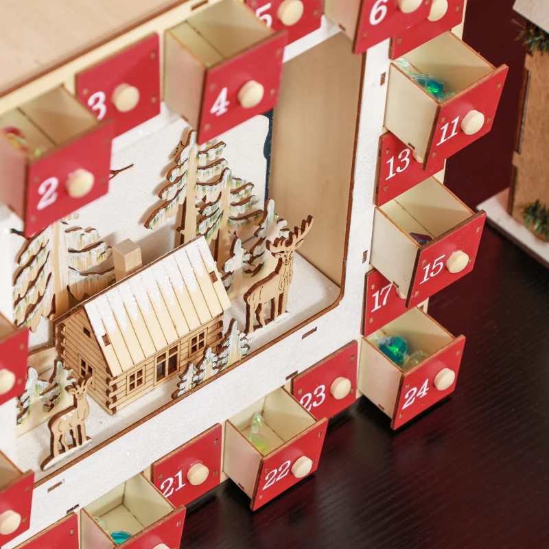 HOMCOM LED Adventskalender met Dorpstafereel, 24 Grote Lades, MDF, 34 x 7 x 34 cm, Rood