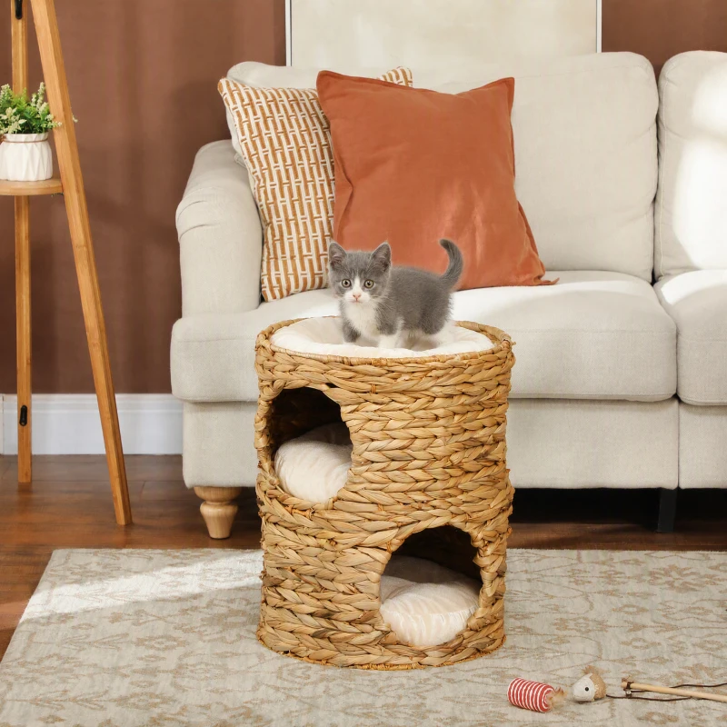 PawHut Krabton, 50 cm, 2 Grotten, Kussen, Krabpaal met Kattenbed, Kattentoren van Waterhyacint, Lichtbruin