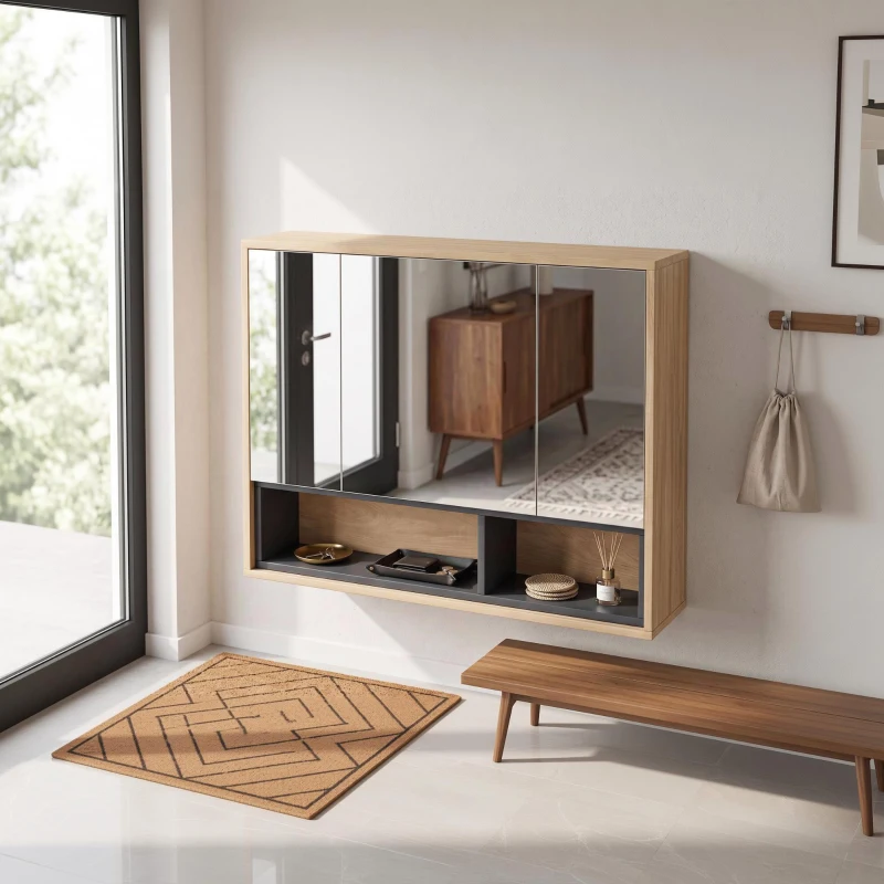 HOMCOM Mobilier de baie cu oglindă, dulap suspendat cu 3 uși și 8 compartimente, stejar