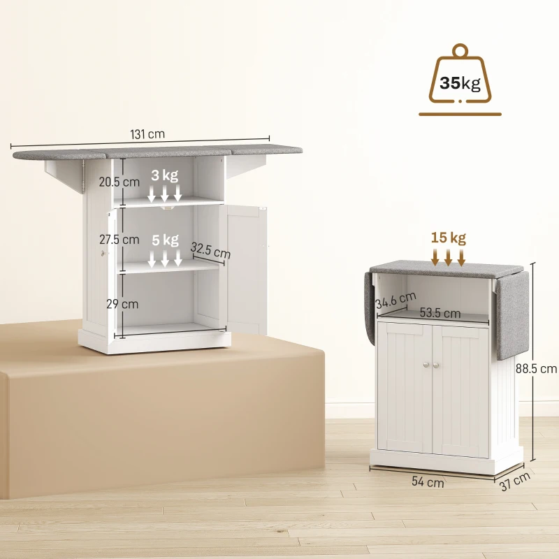 HOMCOM Ironing Board Cabinet on Wheels with Foldable Top, Mobile Storage Cabinet with Ironing Board, Open Compartment, White