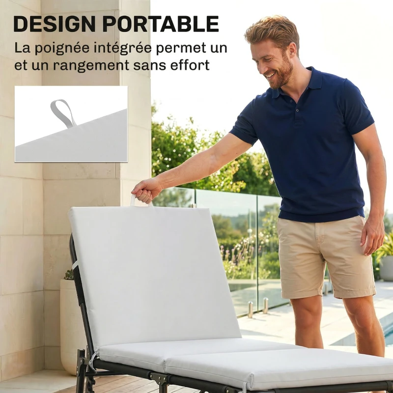 Outsunny Lot de 2 Coussins de Chaise Longue avec 5 Sangles et Poignée Intégrée, pour Plage Balcon Jardin, 182x53x6cm, Gris Clair