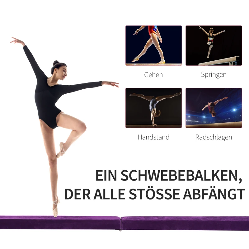 HOMCOM Opvouwbare Evenwichtsbalk, Antislip, Suède Bekleding, Stevig Hout, 210 x 10 x 6,5 cm, Paars(m-7)