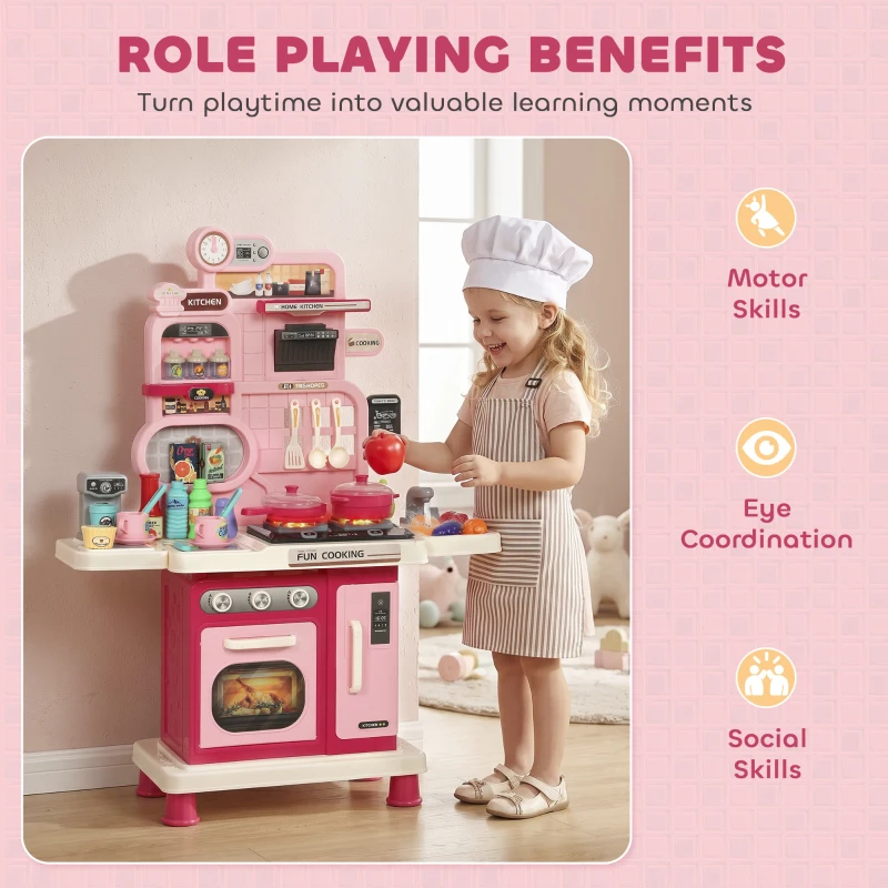 AIYAPLAY Play Kitchen, 33 PCS Kids Kitchen Playset with Lights, Sounds, Storage, Circulating Water Sink for 3-6 Years, Pink