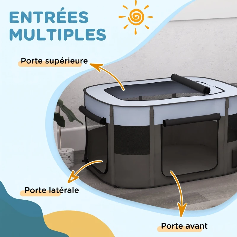 PawHut Parc pliable pour animaux de compagnie parc pour chiots en tissu Oxford avec fenêtres et portes sac de rangement gris