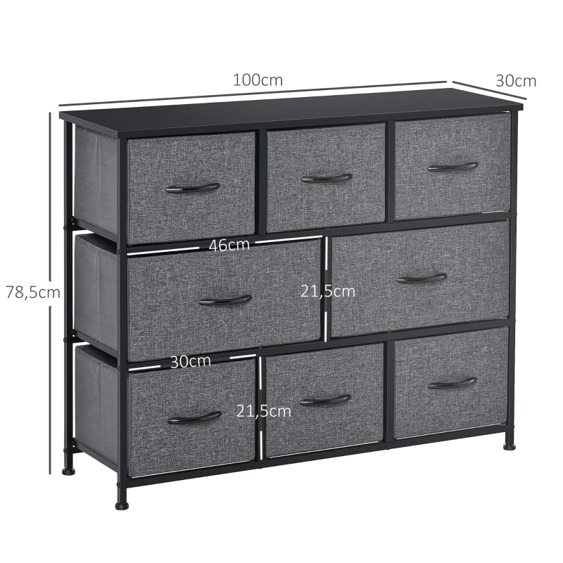 HOMCOM Ladekast met 8 Stoffen Lades, 2 Groot, 6 Klein, Metalen Frame, Kantelbeveiliging, Grijs