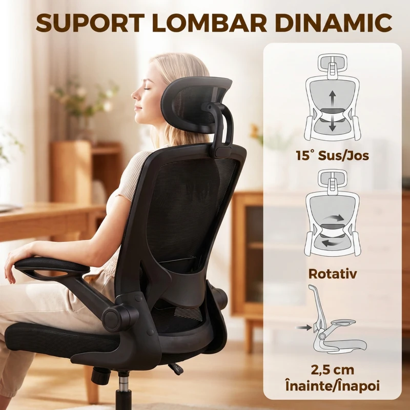 HOMCOM Scaun de birou ergonomic din plasă, cu tetieră reglabilă, negru