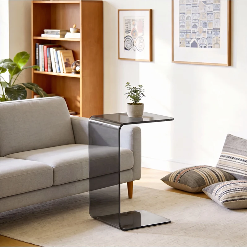 HOMCOM Mesa de centro de vidrio, mesa de salón rectangular diseño moderno con bordes redondeados seguros, gris claro transparente