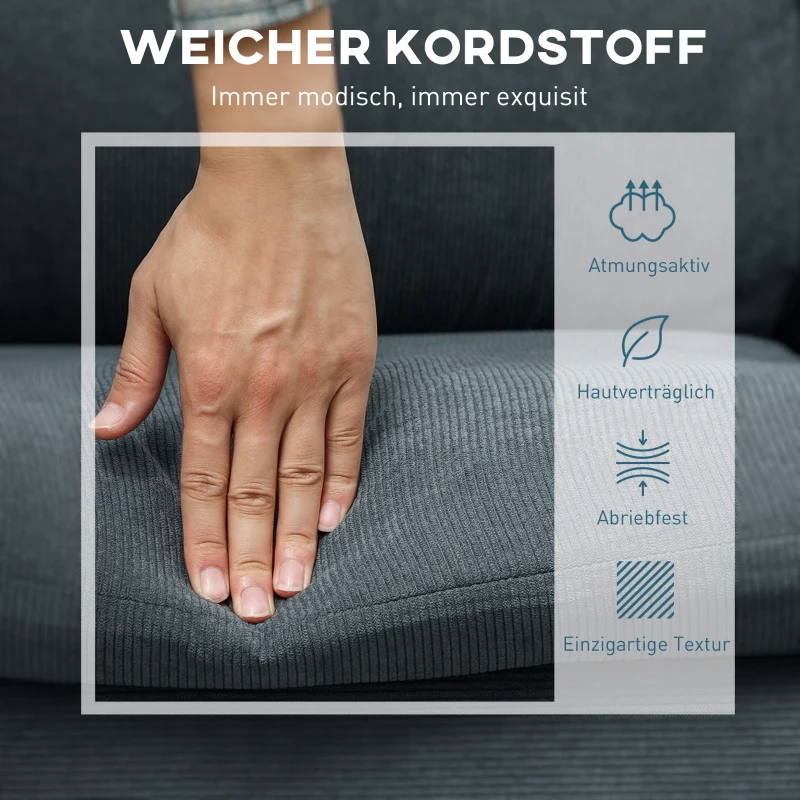 HOMCOM Hoekbank, 3-zitsbank met hocker, stoffen bekleding, L-vormige bankset, donkergrijs