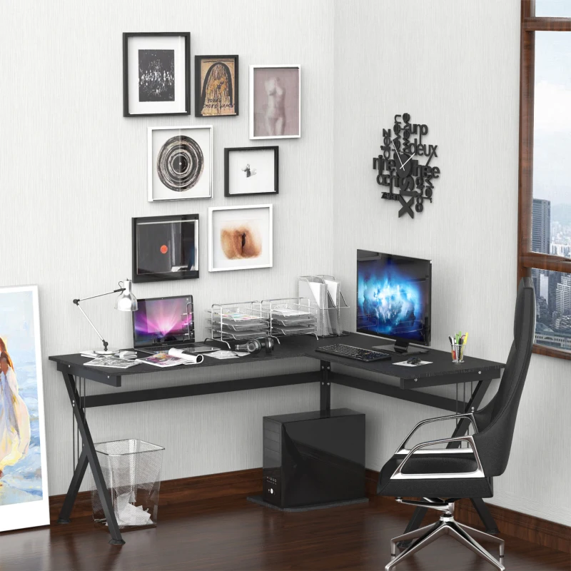 HOMCOM Bureau Informatique d'angle 155L x 130l x 76H cm Plateau en Bois Cadre en Acier Noir