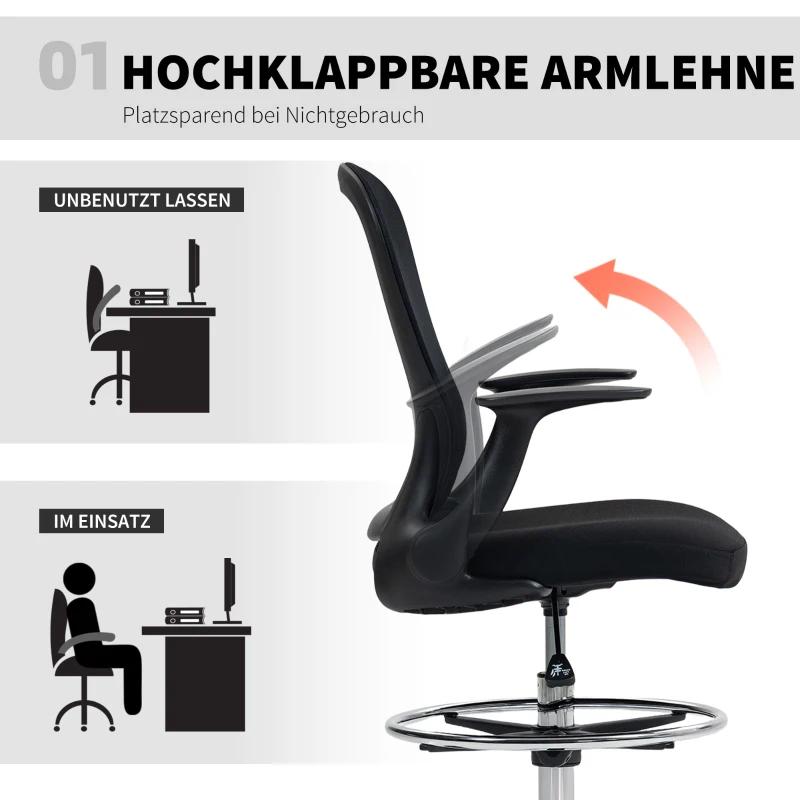 HOMCOM In hoogte verstelbare bureaustoel met verstelbare voetring, lendensteun, 62 x 59 x 119 cm, zwart