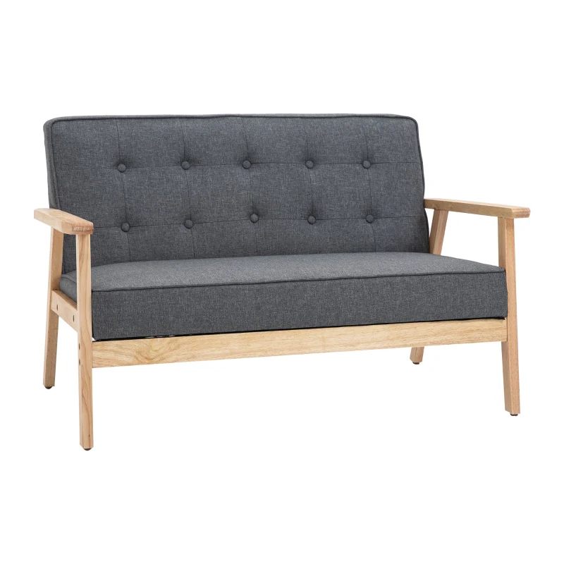 HOMCOM Sofá de 2 Plazas con Respaldo Cojines Acolchados Patas de Madera Antideslizantes Botones con Mechones 113x67x78 cm Gris
