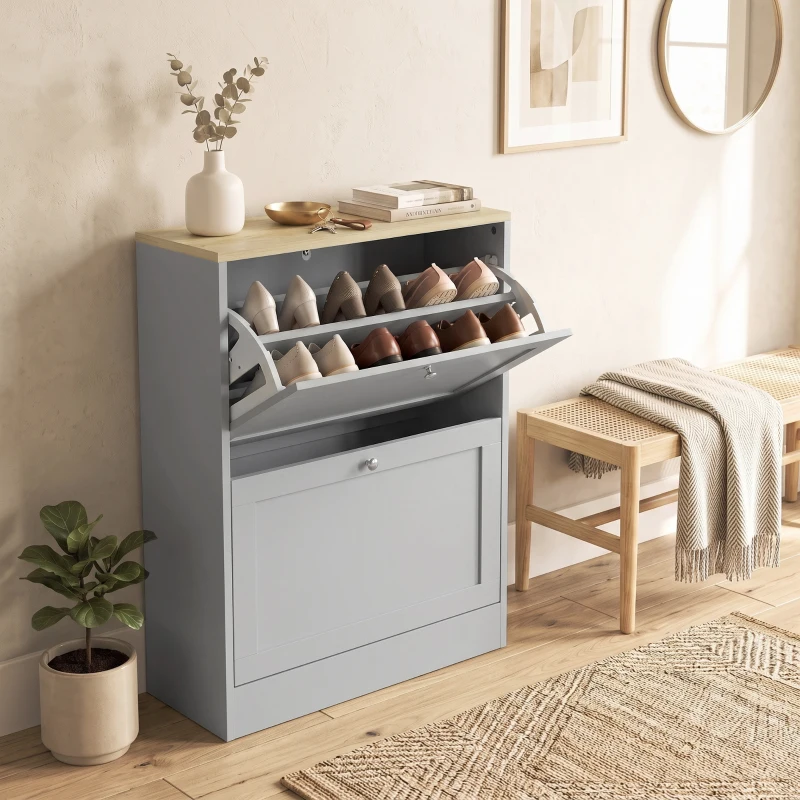HOMCOM Sapateira 12 Pares Móvel de Entrada com 2 Gavetas Basculantes e Prateleiras Ajustáveis 60x23,5x80 cm Cinza
