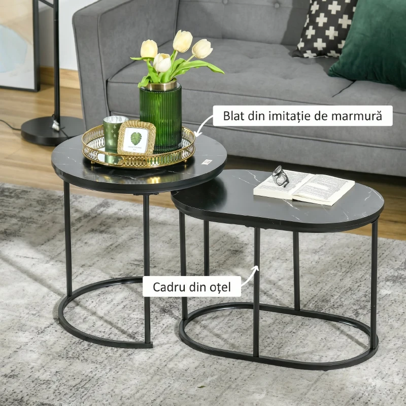 HOMCOM Set 2 măsuțe de cafea cu blat cu efect de marmură, din lemn și oțel, Ø50x50.5 cm și 60x36x43.5 cm, negru