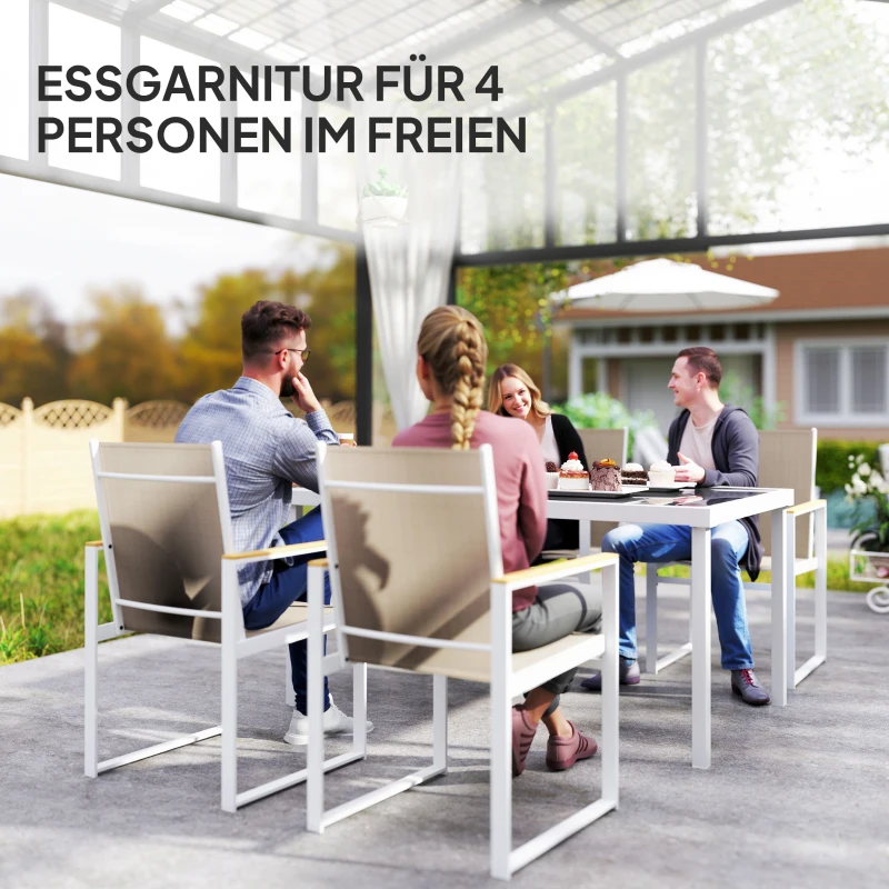 Outsunny 5-delig eetset voor buiten, tafel met gehard glas, 4 stoelen, weerbestendig, stalen frame, terrasmeubilair, Meerkleurig