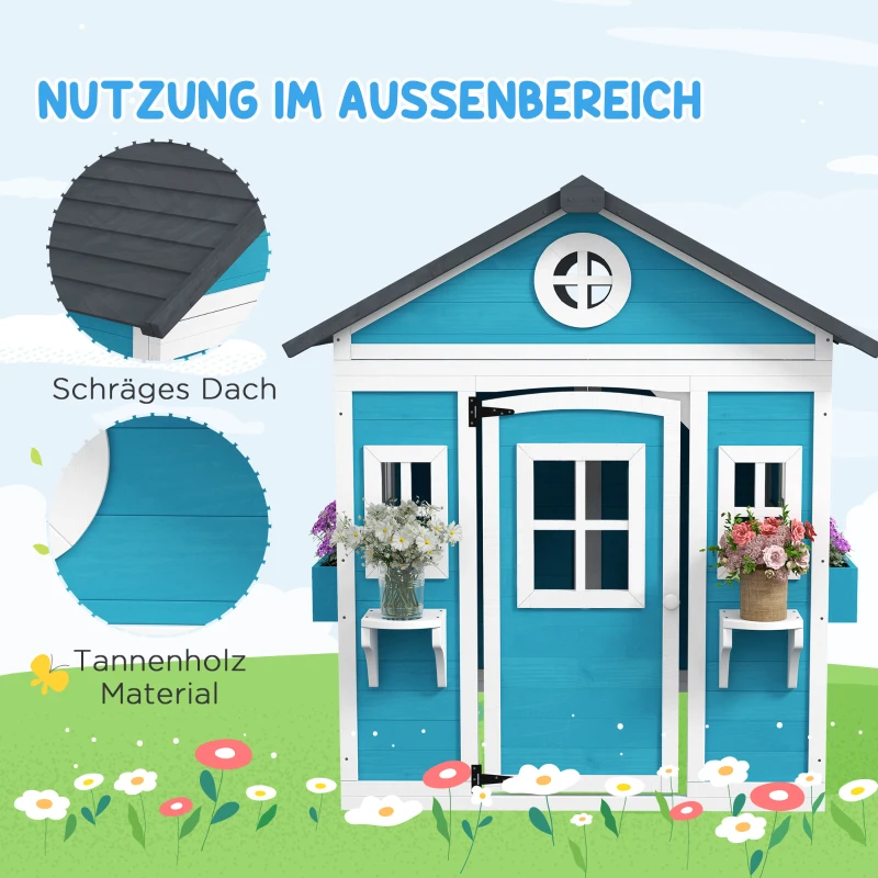 Outsunny Kinderspeelhuis, houten speelhuis voor kinderen, buitenspeelhuis met ramen, bloempotten, 3-8 jaar, blauw(m-5)