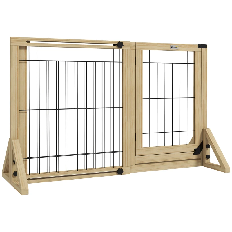 PawHut Poartă pentru Câini Extensibilă cu Ușă și 2 Panouri, Baze Triunghiulare, 112-159x70 cm, Lemn Natural