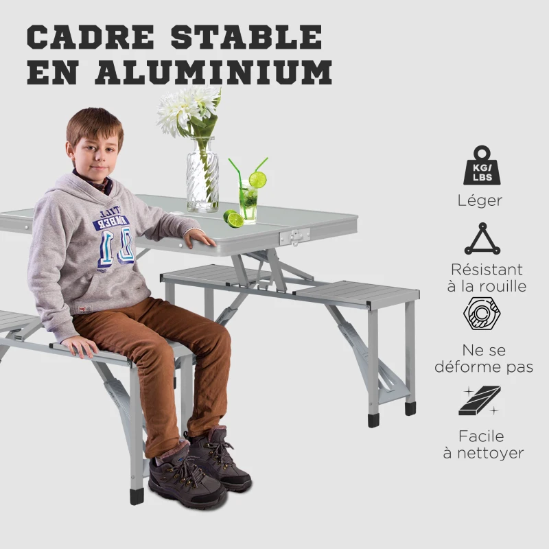 Outsunny Ensemble table et chaise de camping pliant forme valise pique-nique, aluminium, dim. 85,5L x 67,5l x 67H cm