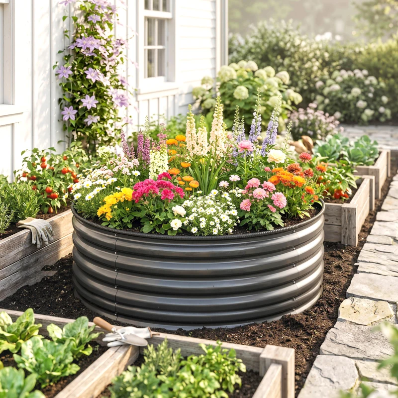 Outsunny Verhoogd Bed, Gegalvaniseerde Plantenbak met Veiligheidsrand, Plantenbox met Open Bodem, 120 x 120 x 43 cm, Donkergrijs