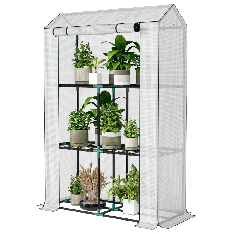 Outsunny Kas met 3-laags Schap, UV-bestendige Plastic Afdekking, Roldeur, 100 x 40 x 150 cm, Wit