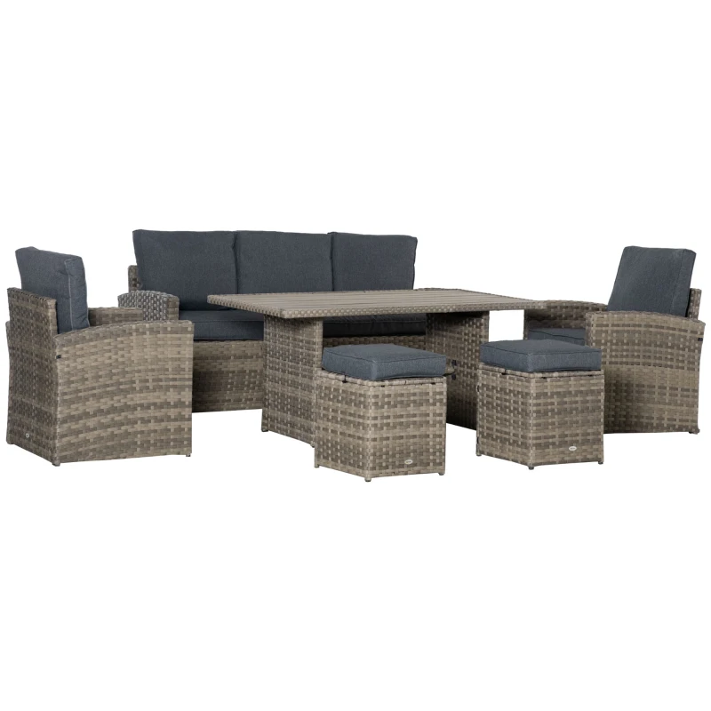 Outsunny Set Salotto da Giardino in Rattan PE con Divano 3 Posti, 2 Poltrone, 2 Sgabelli e Tavolo, Grigio