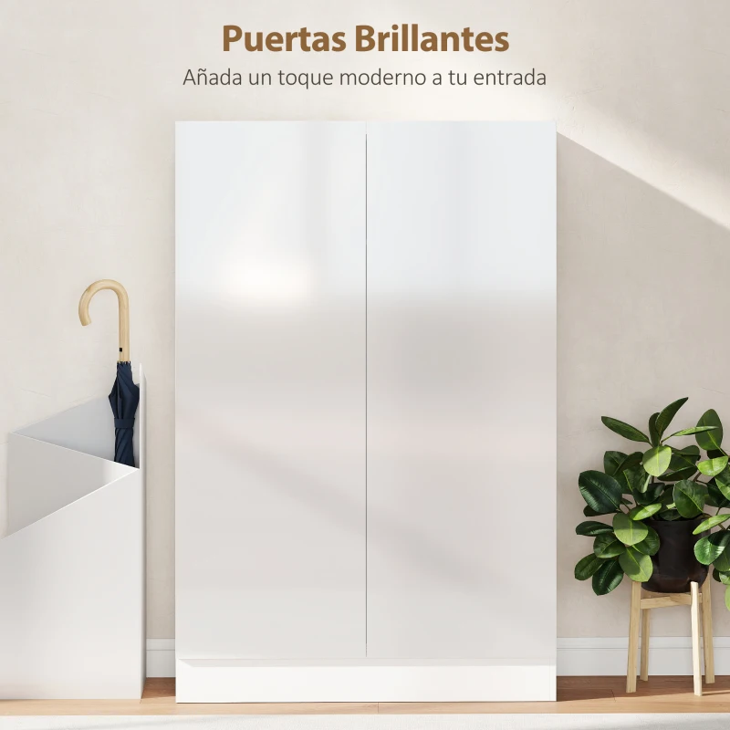HOMCOM Zapatero Entrada Recibidor con 2 Puertas con Cierre Suave y Estantes Ajustables para 20 Pares de Zapatos Blanco Brillo