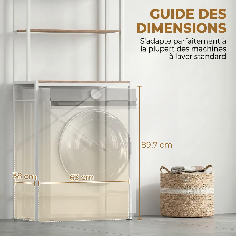 HOMCOM Étagère de Machine à Laver 3 Niveaux, Meuble pour Lave-Linge et Sèche-Linge avec Barre de Suspension, Marron et Blanc