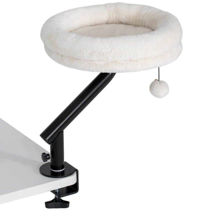PawHut katten-bureaubed, kattenbed voor op het bureau met 360° draaibaar ontwerp, verstelbare hoogte, ligbed met afneembaar machinewasbaar kussen, voor katten tot 6 kg, thuiskantoor, Crèmewit