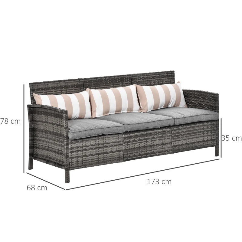 Outsunny Divanetto da Esterno 3 Posti in Rattan PE, Divano da Esterno con Cuscini Imbottiti e Removibili, per Terrazzo, Patio e Giardino, 173x68x78 cm, Grigio