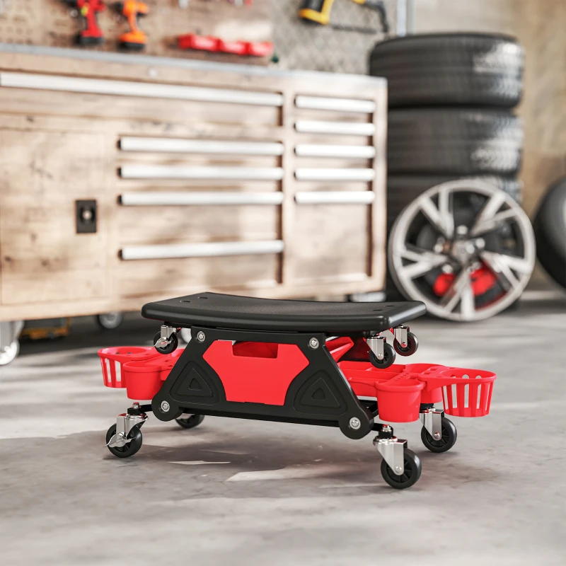 HOMCOM Werkplaatskruk met Afneembare Zitting en Wielen, Opbergruimte, 33cm Hoog, Tot 135 kg, Rood