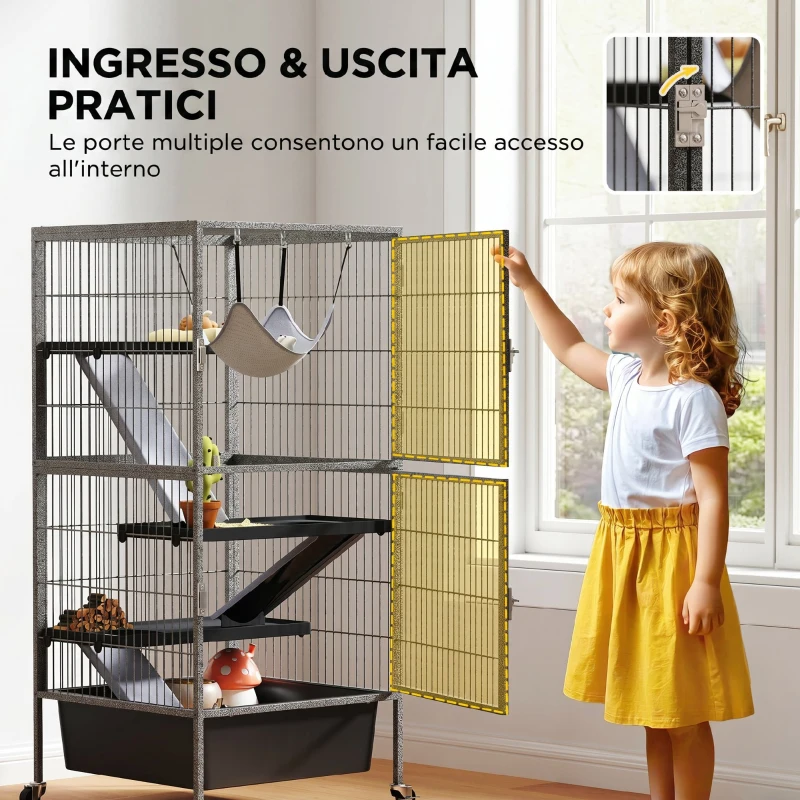 PawHut Gabbia per Piccoli Animali a 4 Livelli con Rampe, Piattaforme, Amaca e Ruote, 52x52x115 cm, Grigio