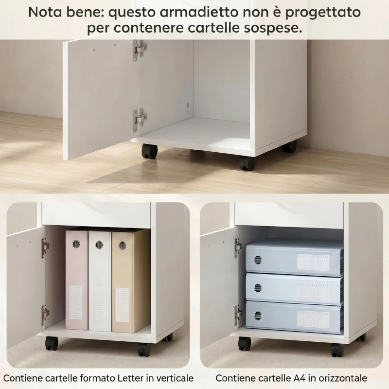 HOMCOM Schedario da Ufficio con Cassetto, Armadietto, Ruote a Freno e Ripiano Aperto, Cassettiera Ufficio per Lettera/Legale/Formato A4, Armadio Verticale per Studio, 40x35x60 cm, Bianco