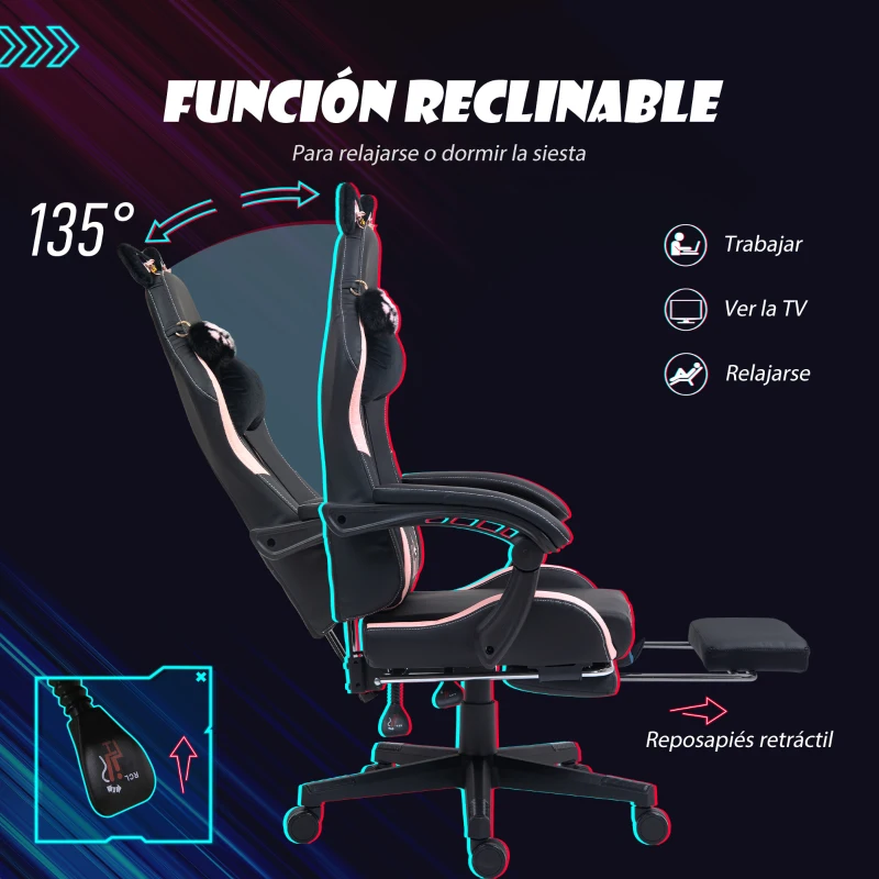 HOMCOM Silla Gamer Reclinable con Altura Ajustable Reposapiés Retráctil Soporte Lumbar y Reposacabezas Desmontable Negro