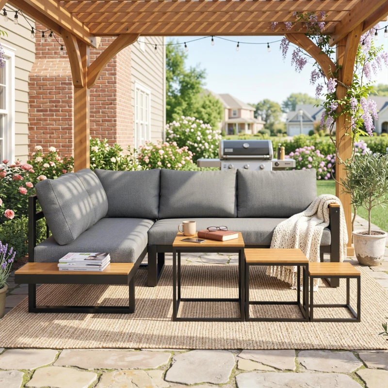 Outsunny 5-delige loungeset voor buiten, tuinmeubelset, 148 cm x 61 cm x 71,5 cm, Grijs + Natuurlijk