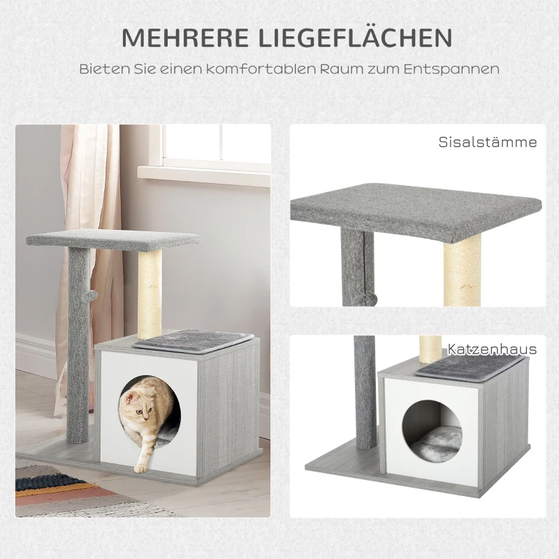 PawHut krabpaal kattenboom klimboom met grot en pluchen kussen E1 spaanplaat grijs