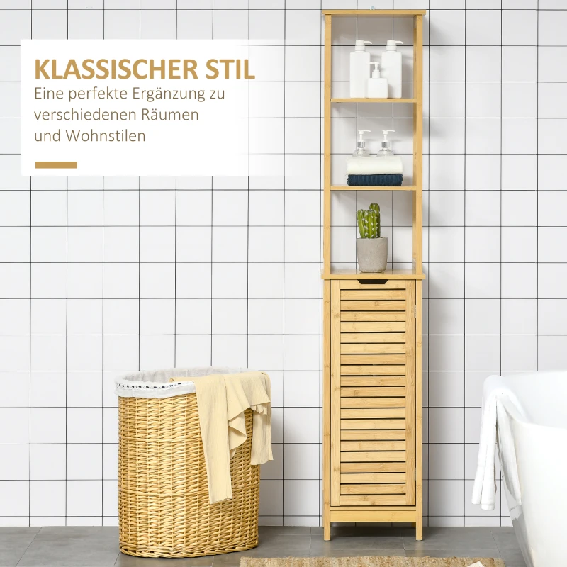kleankin Badkamerkast, Hoge Kast met Drie Planken en een Kastvak met Lamellendeur, Kantelbeveiliging, Bamboe, 34 x 30 x 173 cm