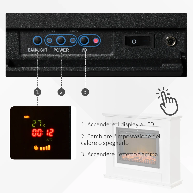 HOMCOM Camino Elettrico Effetto Fiamma Realistico con Cornice in Legno, Caminetto Elettrico con Termostato, Protezione da Surriscaldamento, Timer e Telecomando, 1000W e 2000W, 98x27.5x80cm, Bianco