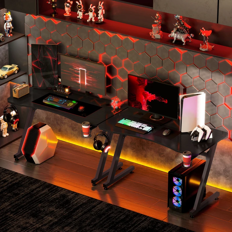 HOMCOM Mesa Gaming 120x65x74,5 cm Escritorio Ergonómico Gaming desk para Computadora PC con Portavasos Gancho para Auriculares y Pies Ajustables Efecto de Fibra de Carbono Negro