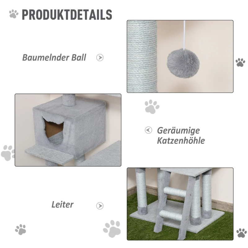 krabpaal kattenboom met kattengrot trap E1 spaanplaat jute grijs