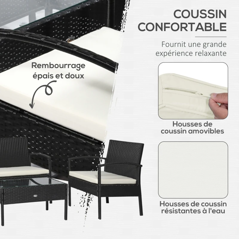 Outsunny Ensemble salon de jardin 4 places : canapé, 2 fauteuils et table basse plateau verre trempé résine tressée 4 fils  imitation rotin noir coussins blanc
