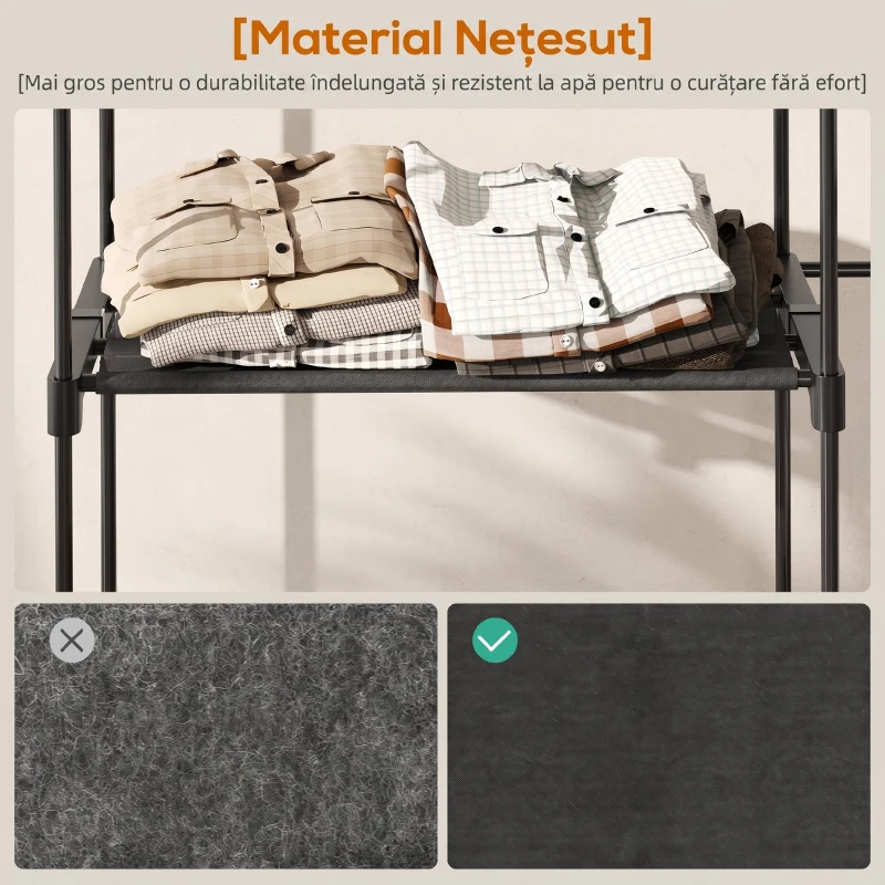 HOMCOM Dulap garderobă cu 2 bare și 4 rafturi, din material textil netesut, plastic și oțel, 142x43x185 cm, negru