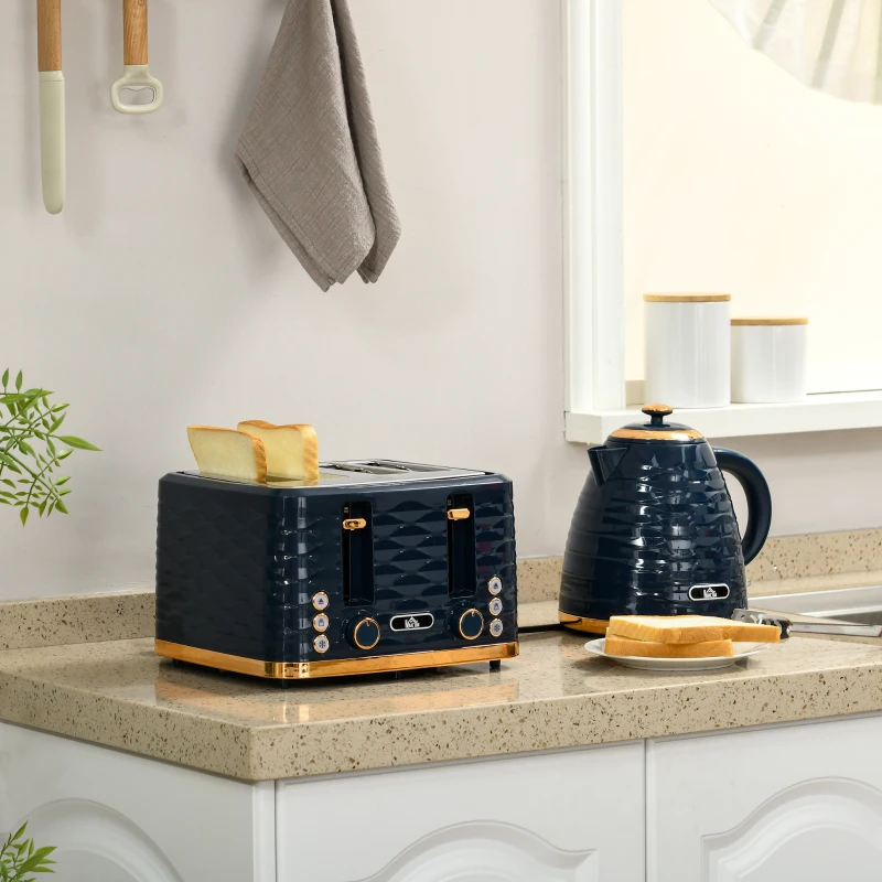 HOMCOM 2-in-1 Toaster- en Waterkoker-Set, 7 Bruiningsniveaus, Ontdooi- en Opwarmfunctie, Blauw