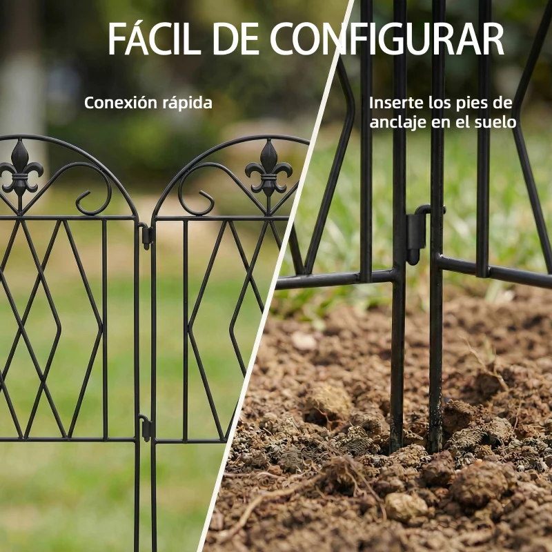Outsunny Set de 4 Vallas de Jardín Metálicas 125x56 cm con Diseño Arqueado Resistente Fácil de Instalar para Patio Césped Negro