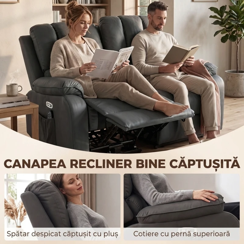 HOMCOM Canapea Reclinabilă Electrică 2 Locuri 135° cu Masaj și Încălzire, Material cu Aspect de Piele, Gri Închis